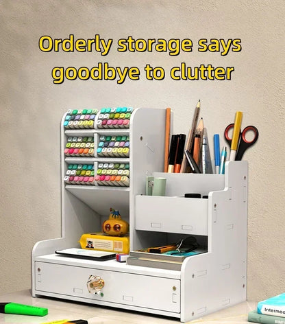 Wooden Desk Organiser DIY Desktop Tidy Pen Holder Large Capacity Stationery Storage Box with Drawer for Home Office and School