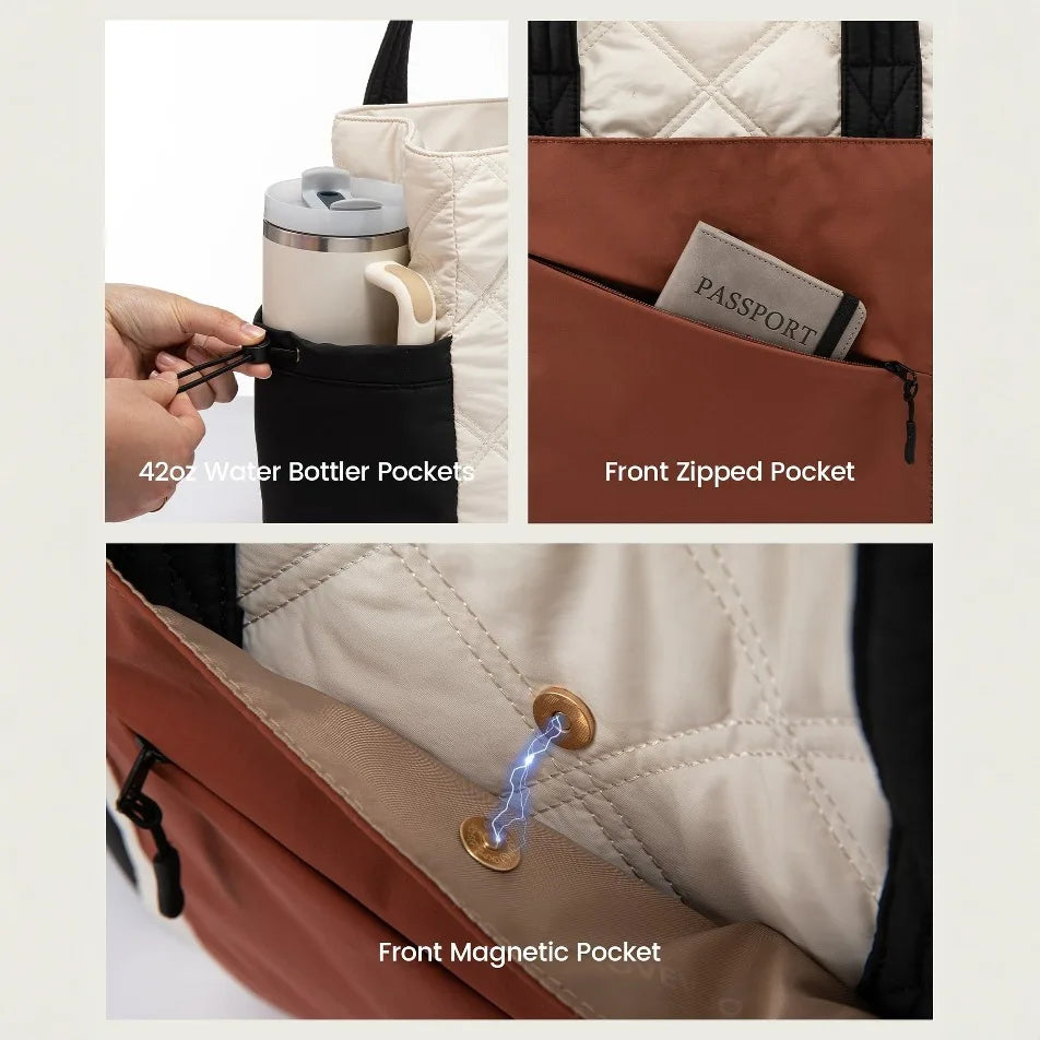 LOVEVOOK Tote Bag for Women, Puffer Bag and Work Bags with Zipper for Travel, Daily, School, Quilted Nurse Shoulder, 2pcs