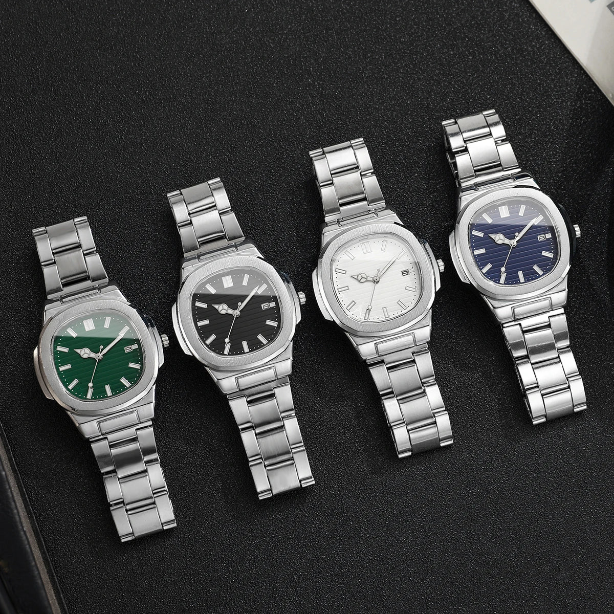 Men Fashion Wristwatches Business Square Dial Stainless Steel Strap Quartz Watch with Calendar For Mens Clock（Without Box）