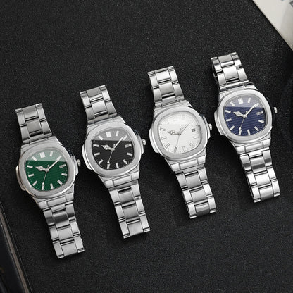 Men Fashion Wristwatches Business Square Dial Stainless Steel Strap Quartz Watch with Calendar For Mens Clock（Without Box）