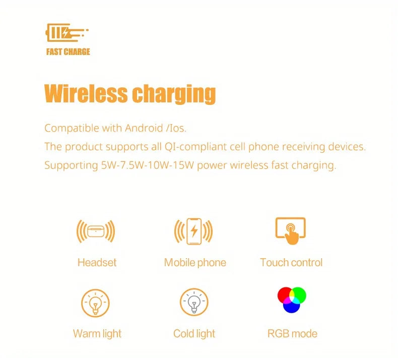 Wireless Charger Alarm Clock Time LED Light Thermometer Earphone Phone Charger 15W Fast Charging Dock Station for iPhone Samsung