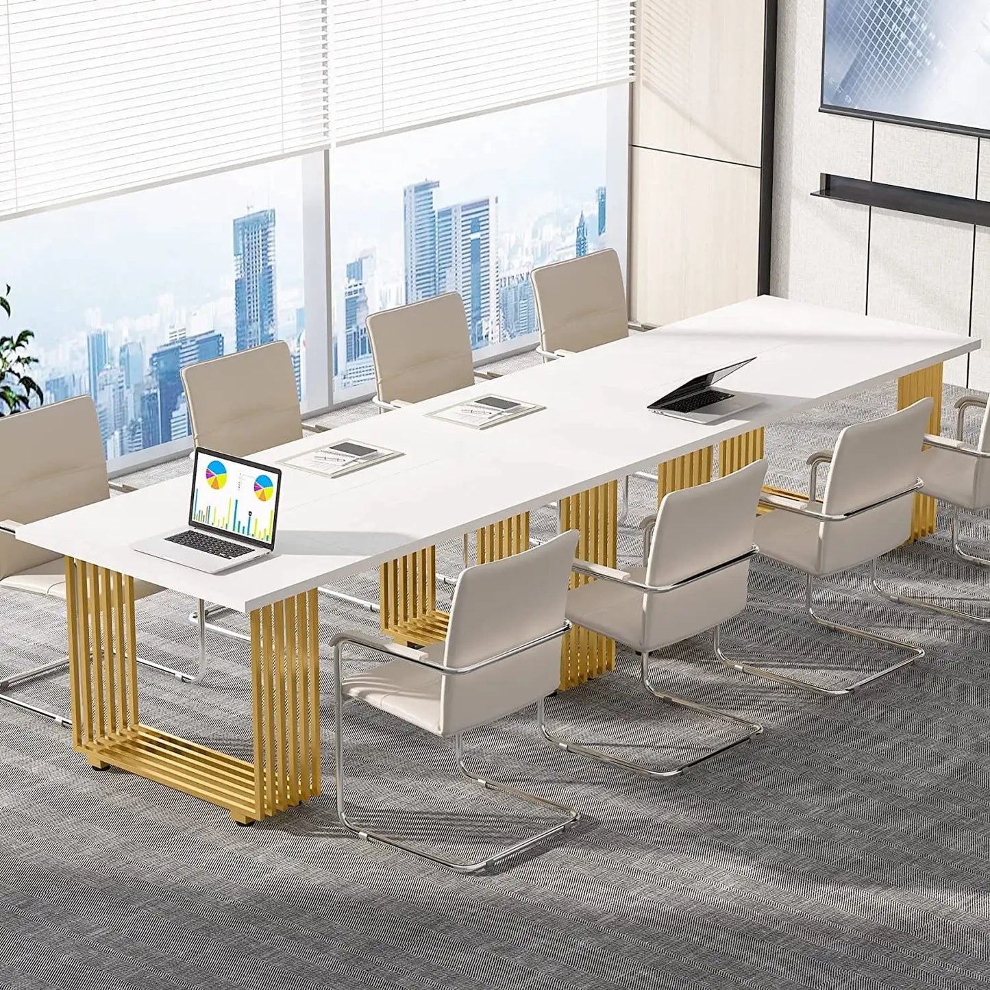 70.9" Executive Office Desk, Modern Conference Desk with Metal Frame, White Gold