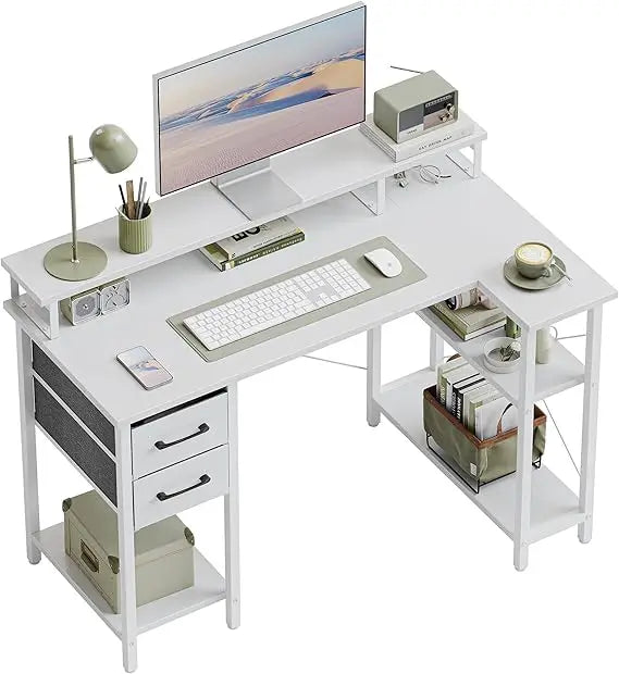 L Shaped Computer Desk with Monitor Stand & Shelves, 47 Inch Corner Home Office Desk Writing Table with Storage Drawer, White