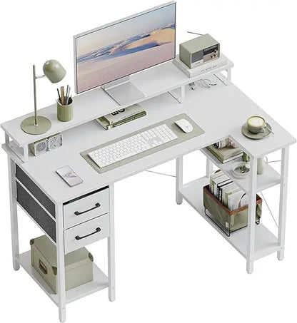 L Shaped Computer Desk with Monitor Stand & Shelves, 47 Inch Corner Home Office Desk Writing Table with Storage Drawer, White