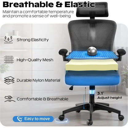 Ergonomic Office Chair, Home Office Desk Chair with Headrest, High Back Mesh Chair with Flip-up Armrests, Comfy Desk Chair with