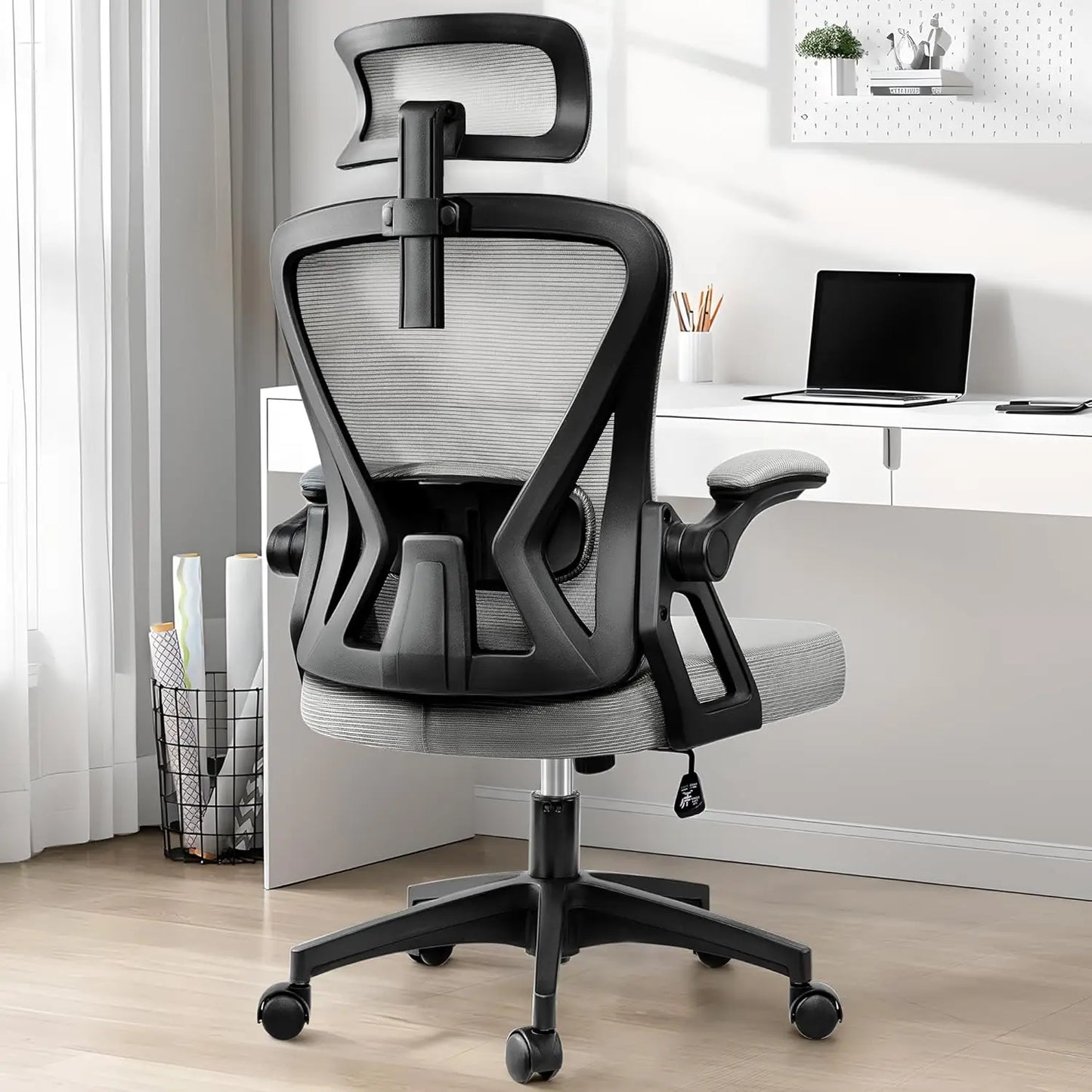 Ergonomic Office Chair, Home Office Desk Chair with Headrest, High Back Mesh Chair with Flip-up Armrests, Comfy Desk Chair with