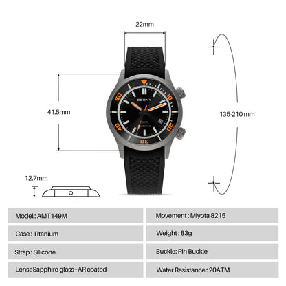 BERNY Automatic Titanium Diver Watch for Men Supper Luminous Sappire AR coated Miyota 8215 20ATM Mechanical Diving Men's Watches