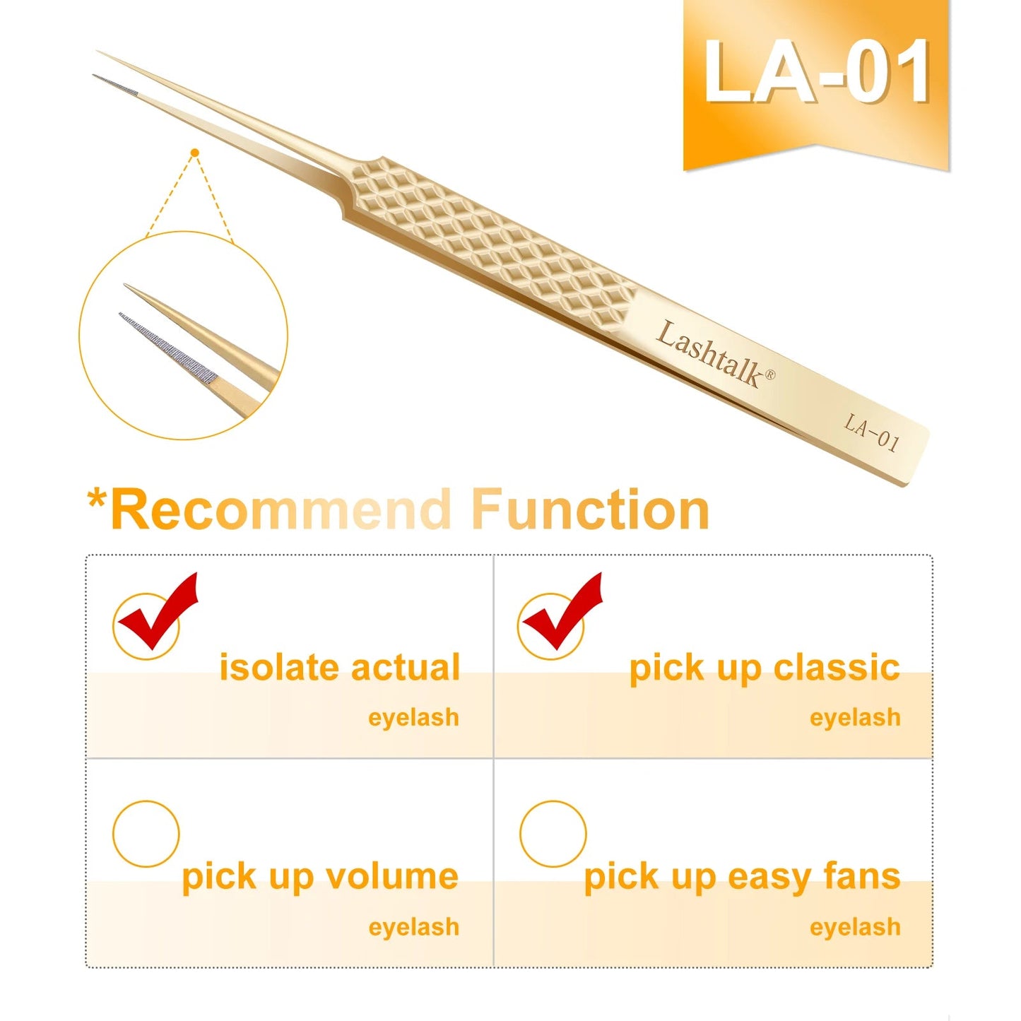 Lashtalk Precision Fiber Tip Tweezer Eyelash Extensions Diamond Grip Anti-Slip Premium Gold Stainless Steel Makeup With Box Pack RELUX.STORE