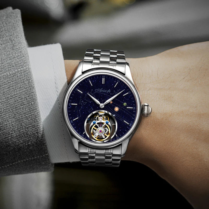 AESOP Mens Luxury Real Flying Tourbillon Mechanical Sapphire Waterproof Watch Skeleton Watches for Men Wristwatches Male 2025 A