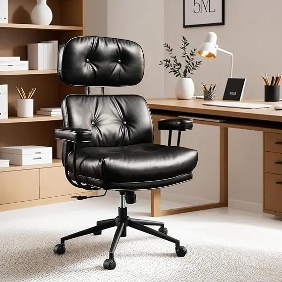 Ergonomic Mid-Century Modern Leather Office Chair with Lumbar Support High Back Swivel Rolling Executive Chair for Home Use