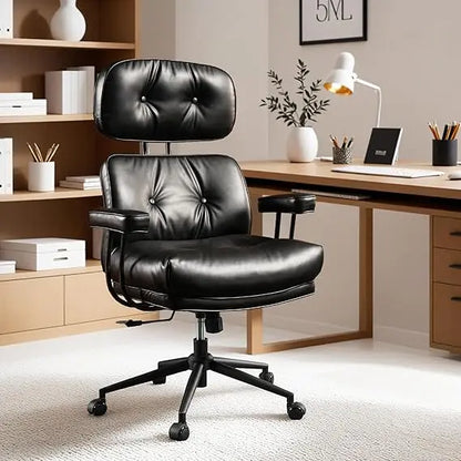 Ergonomic Mid-Century Modern Leather Office Chair with Lumbar Support High Back Swivel Rolling Executive Chair for Home Use