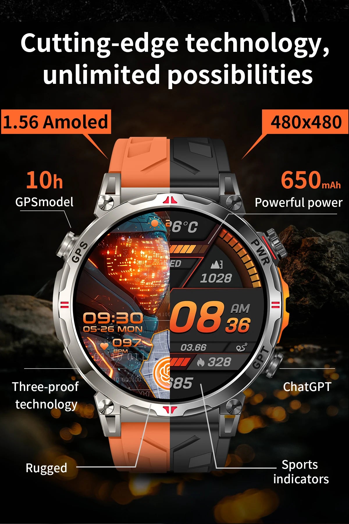2025 New Military AMOLED HD SmartWatch 650Mah Battery GPS Compass 5ATM Waterproof Tactics 100+ Sport BT call Smart Watch For Men