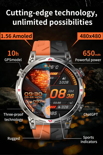 2025 New Military AMOLED HD SmartWatch 650Mah Battery GPS Compass 5ATM Waterproof Tactics 100+ Sport BT call Smart Watch For Men