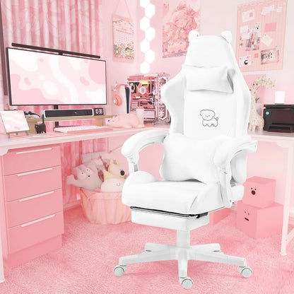 Cute Gaming Chair with Lumbar Cushion and Decorated Ears, Ergonomic Computer Chair with Footrest, Reclining PC Game Chair