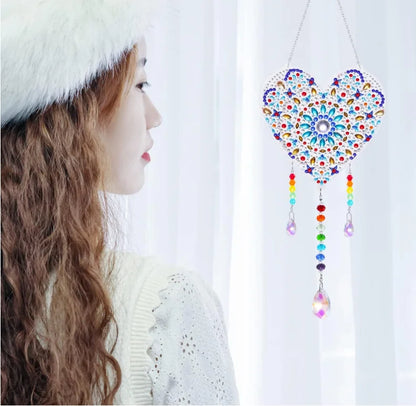 1 Acrylic Double-sided Super Flash Crystal Diamond Painting Captures Scenery Sun Moon Heart Tree Pattern DIY Wind Chimes