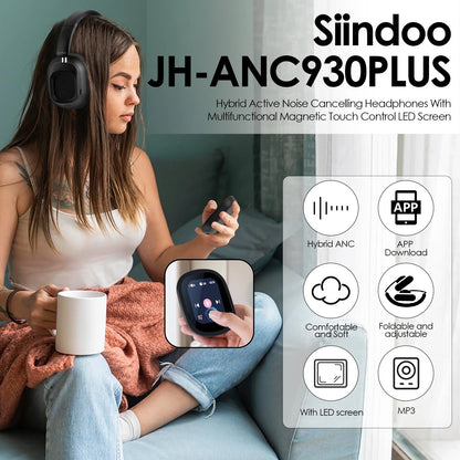 Siindoo JH-ANC930Plus Active Noise Cancelling Headphones, Hybrid Wireless Headphone With Multi Magnetic Touch Control LED Screen RELUX.STORE