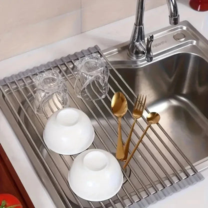 Silicone Stainless Steel Fruit & Vegetable Dish Drainer Kitchen Sink Shelf Kitchen Tools Sponge Holder Kitchen Tools  Strainer