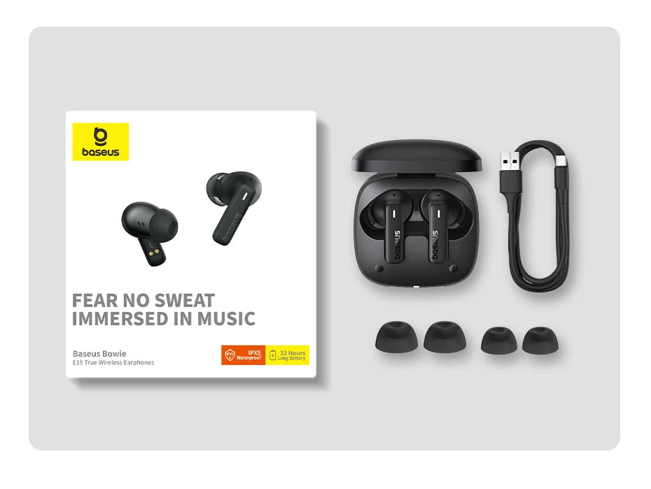 Baseus Bowie E19 Wireless Earphones Bluetooth 5.3 Big Bass 12mm Drivers IPX5 Waterproof Earbuds 33Hrs Battery Life Headphones RELUX.STORE