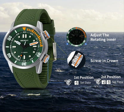 BERNY 20Bar Diver Men Mechanical Watch Miyota 8215 Super Luminous Sapphire Swiming Automatic Self Wind Silicone Men Wristwatch