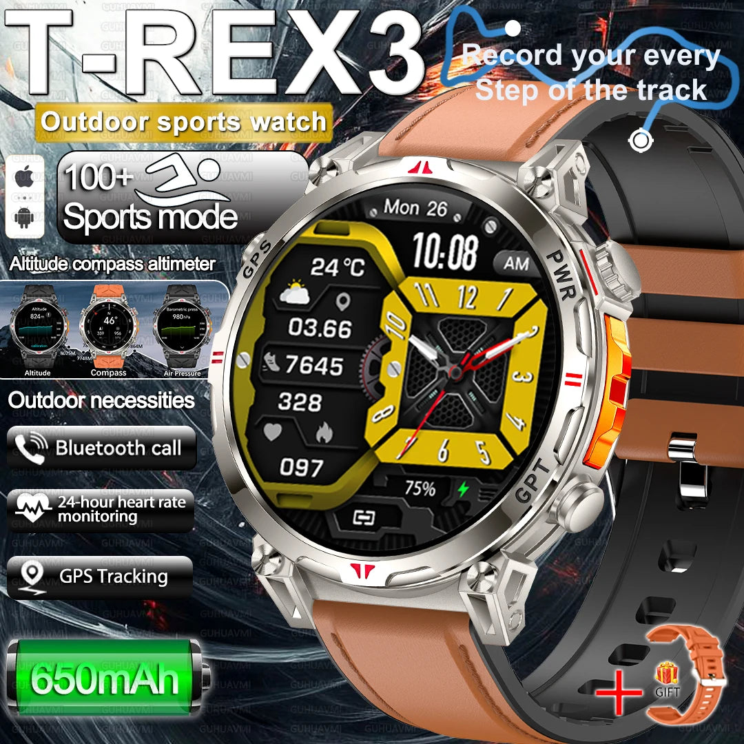 2025 New Military AMOLED HD SmartWatch 650Mah Battery GPS Compass 5ATM Waterproof Tactics 100+ Sport BT call Smart Watch For Men