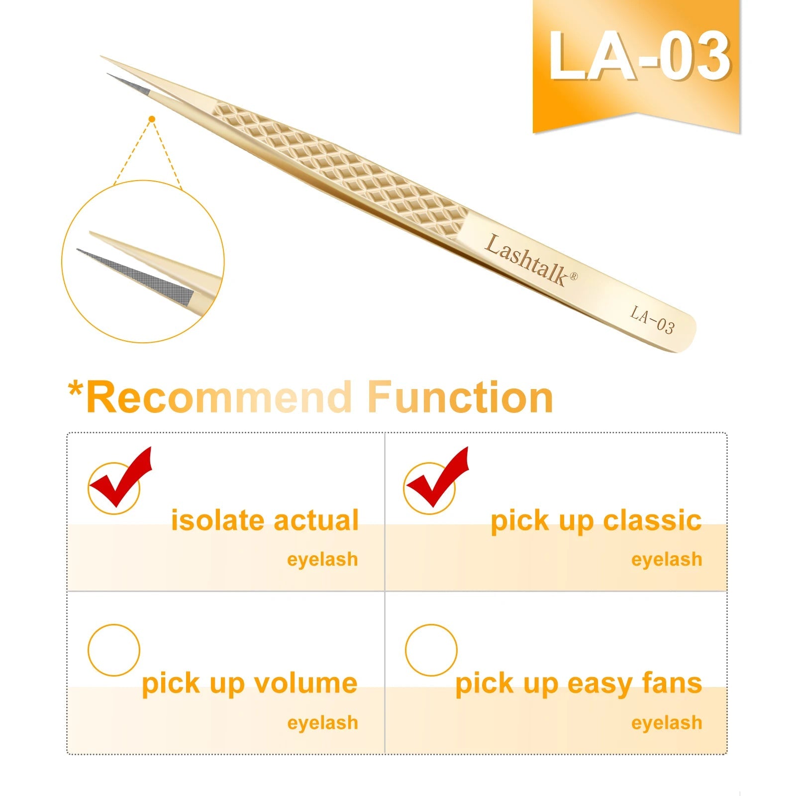 Lashtalk Precision Fiber Tip Tweezer Eyelash Extensions Diamond Grip Anti-Slip Premium Gold Stainless Steel Makeup With Box Pack RELUX.STORE
