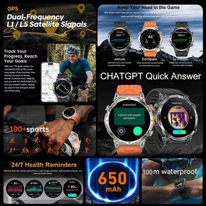 2025 New Military AMOLED HD SmartWatch 650Mah Battery GPS Compass 5ATM Waterproof Tactics 100+ Sport BT call Smart Watch For Men