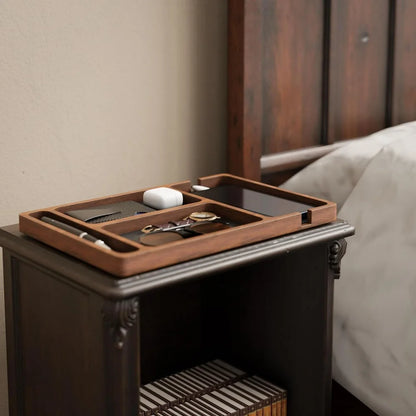 Wooden Office Desktop Storage Box with Solid Wood Grid for Glasses Mobile Phone Earphones and Sundries Wooden Storage Tray