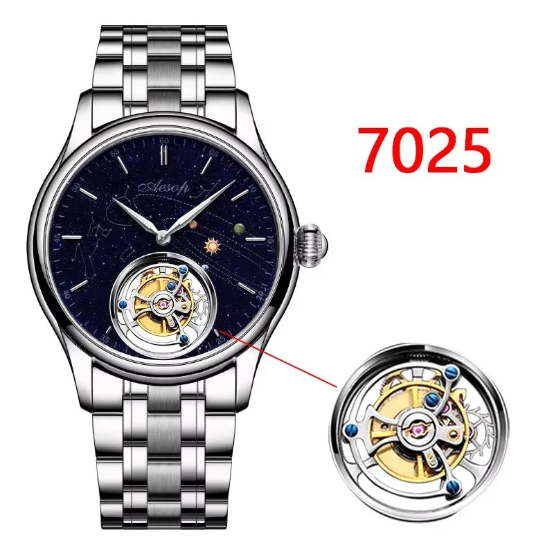 AESOP Mens Luxury Real Flying Tourbillon Mechanical Sapphire Waterproof Watch Skeleton Watches for Men Wristwatches Male 2025 A