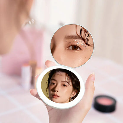 Personalized Small LED Light Cosmetic 2 Side Folding Makeup Compact Pocket Mirror Women Luminous Effect Pink White Mini Mirror