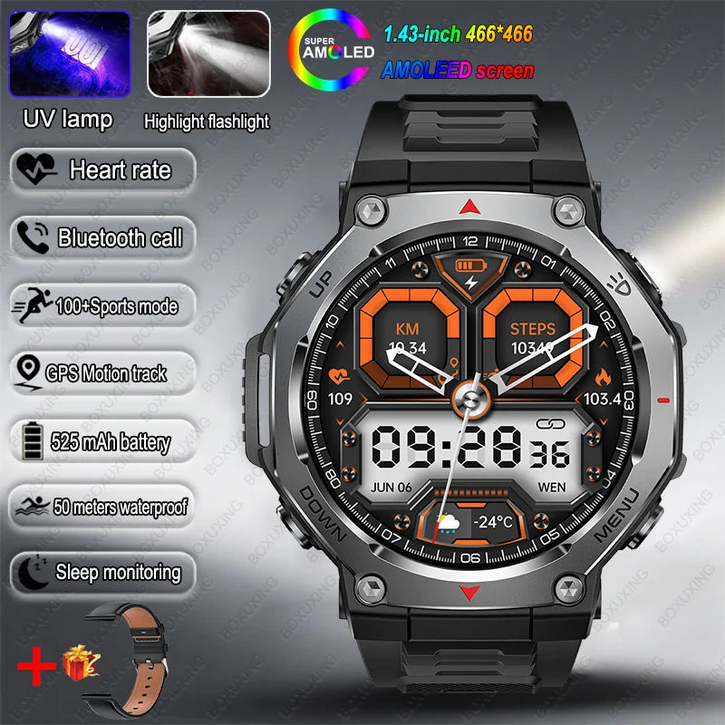 T-Rex 3 GPS Smart Watch 5ATM Waterproof 1.43 inch AMOLED HD Screen BT Call Flashlight Military Sport Smartwatches Men 2025 New