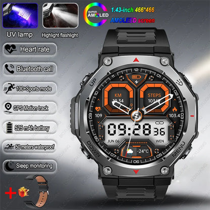 T-Rex 3 GPS Smart Watch 5ATM Waterproof 1.43 inch AMOLED HD Screen BT Call Flashlight Military Sport Smartwatches Men 2025 New