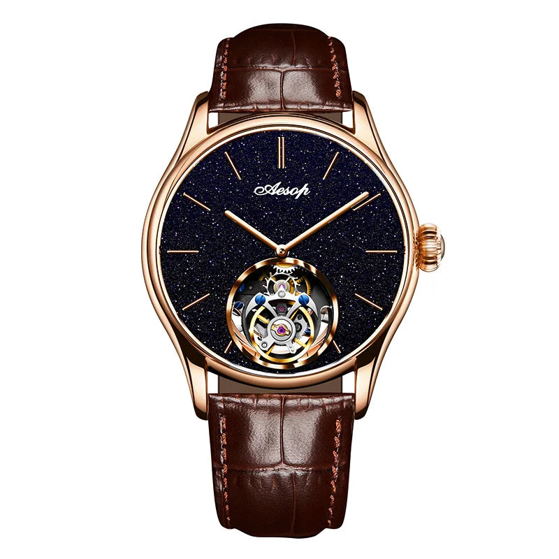 AESOP Mens Luxury Real Flying Tourbillon Mechanical Sapphire Waterproof Watch Skeleton Watches for Men Wristwatches Male 2025 A