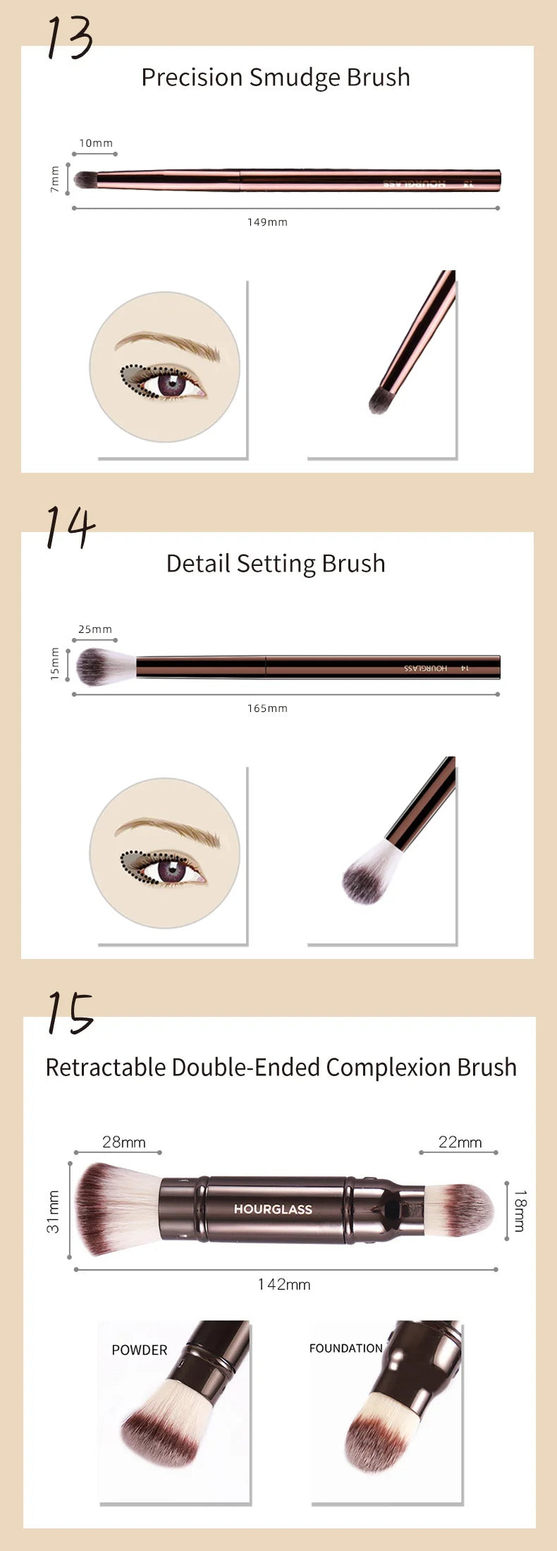 Hourglass Makeup Brush All Kinds Eyeshadow Foundation Concealer Powder Bronzer Blusher Eyeliner Retractable Professional Brushes RELUX.STORE
