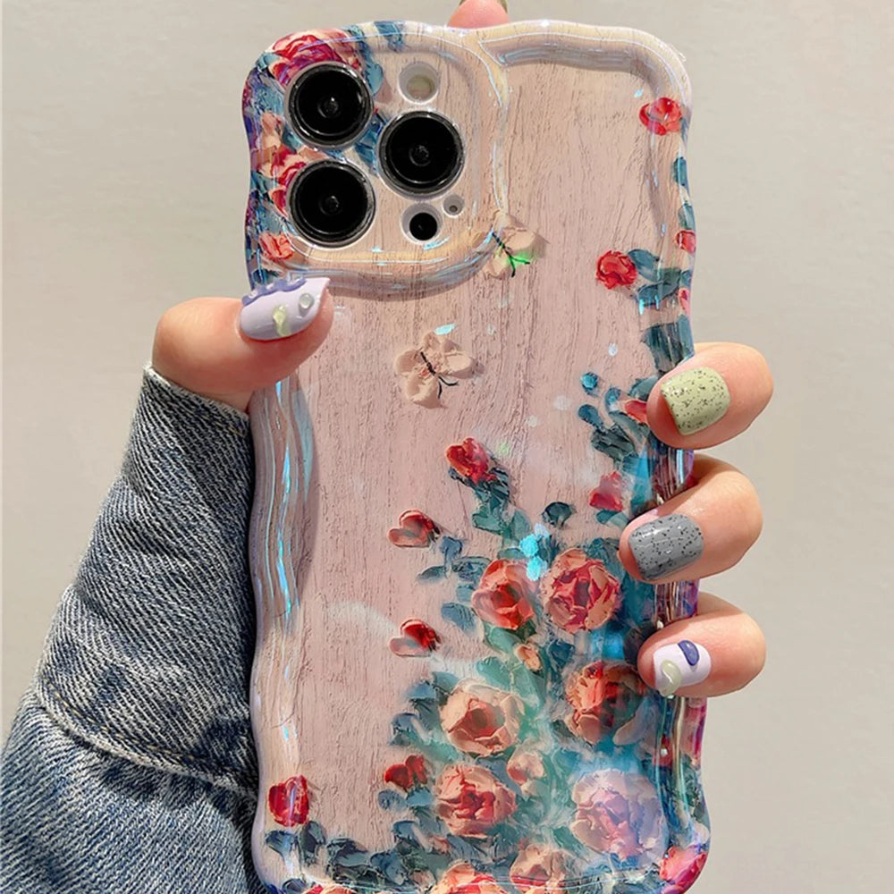 Retro Oil Painting Phone Case For iPhone 13 14 15 16 ProMax 12 11 Luxury Flower Print Shockproof Silicone Cover Artistic Decor RELUX.STORE