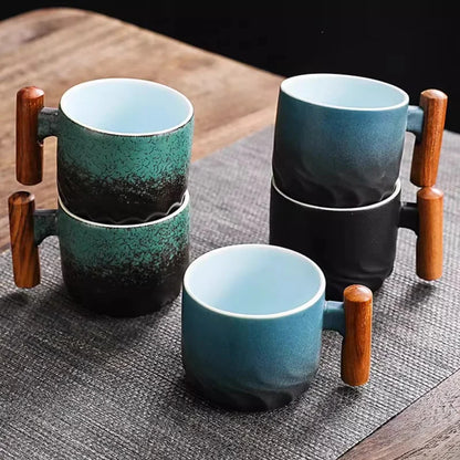 Handmade Ceramic Coffee Mug with Wooden Handle - Retro Tea Cup, Office Water Cup Filter Design, Unique Birthday Gift