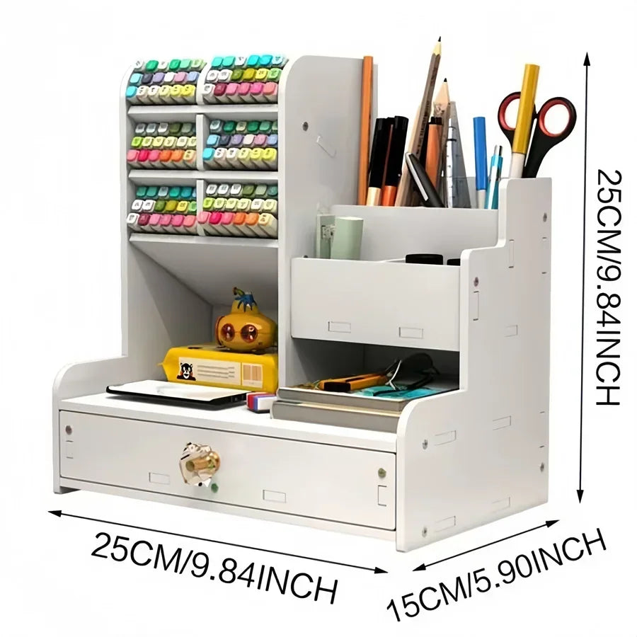 Wooden Desk Organiser DIY Desktop Tidy Pen Holder Large Capacity Stationery Storage Box with Drawer for Home Office and School