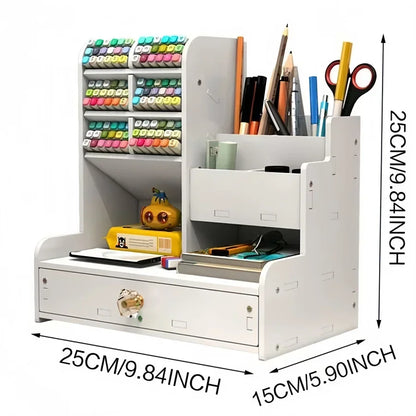 Wooden Desk Organiser DIY Desktop Tidy Pen Holder Large Capacity Stationery Storage Box with Drawer for Home Office and School