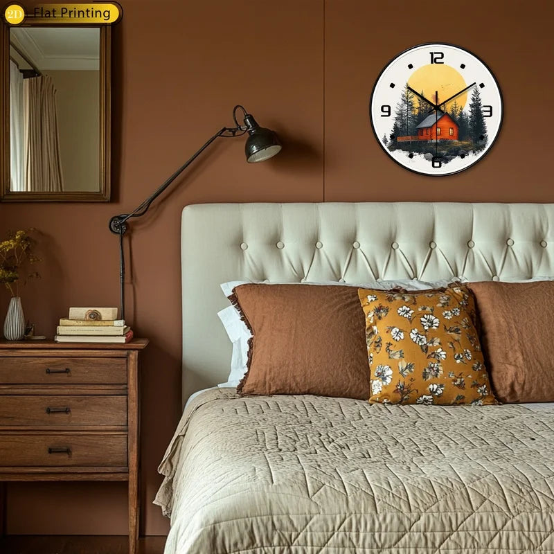 Unique 2D-Flat Sunny mountain cabin Plastic Silent Wall Clock Elegant home decor exquisite choice for New Year presents