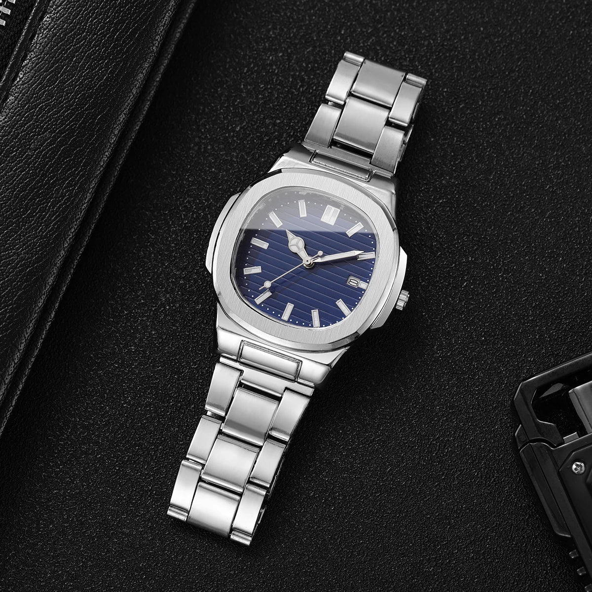 Men Fashion Wristwatches Business Square Dial Stainless Steel Strap Quartz Watch with Calendar For Mens Clock（Without Box）