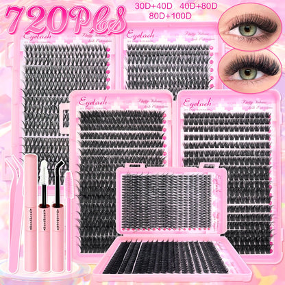 DIY Lash Extension Kit 720pcs Lash Clusters Individual Eyelashes Kit with Lash Bond and Seal Wispy Natural Mange Lashes RELUX.STORE