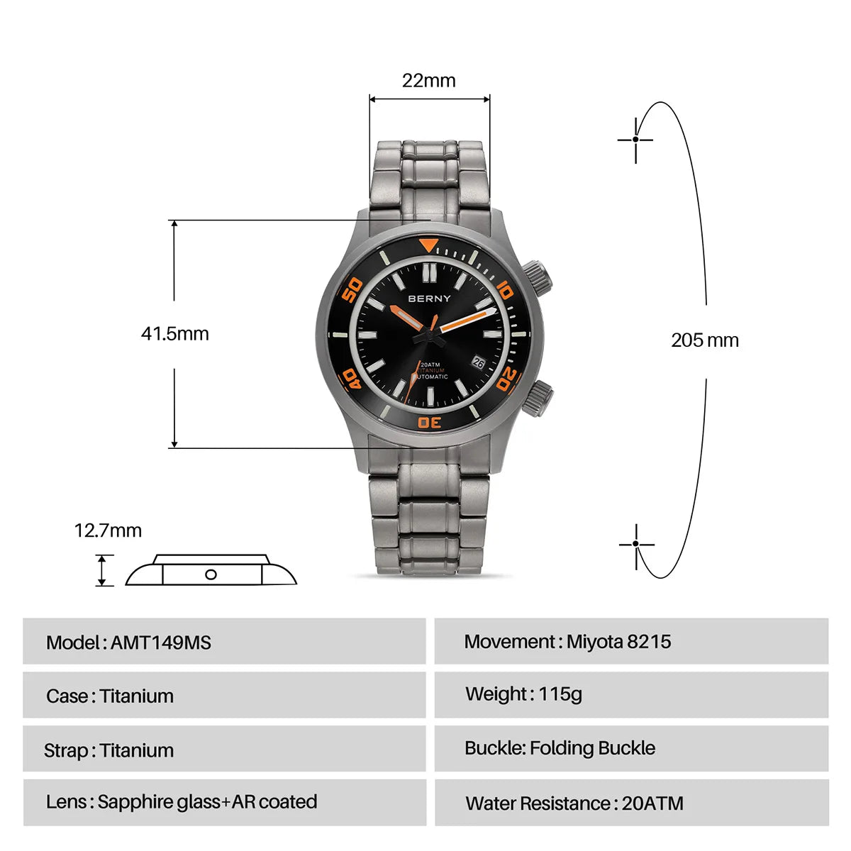BERNY Automatic Titanium Diver Watch for Men Supper Luminous Sappire AR coated Miyota 8215 20ATM Mechanical Diving Men's Watches