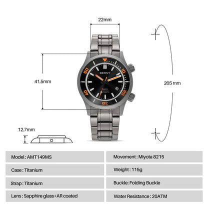 BERNY Automatic Titanium Diver Watch for Men Supper Luminous Sappire AR coated Miyota 8215 20ATM Mechanical Diving Men's Watches
