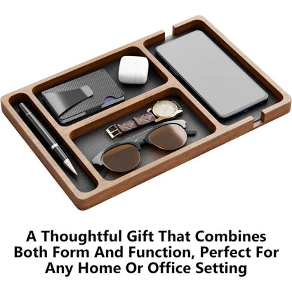 Wooden Office Desktop Storage Box with Solid Wood Grid for Glasses Mobile Phone Earphones and Sundries Wooden Storage Tray