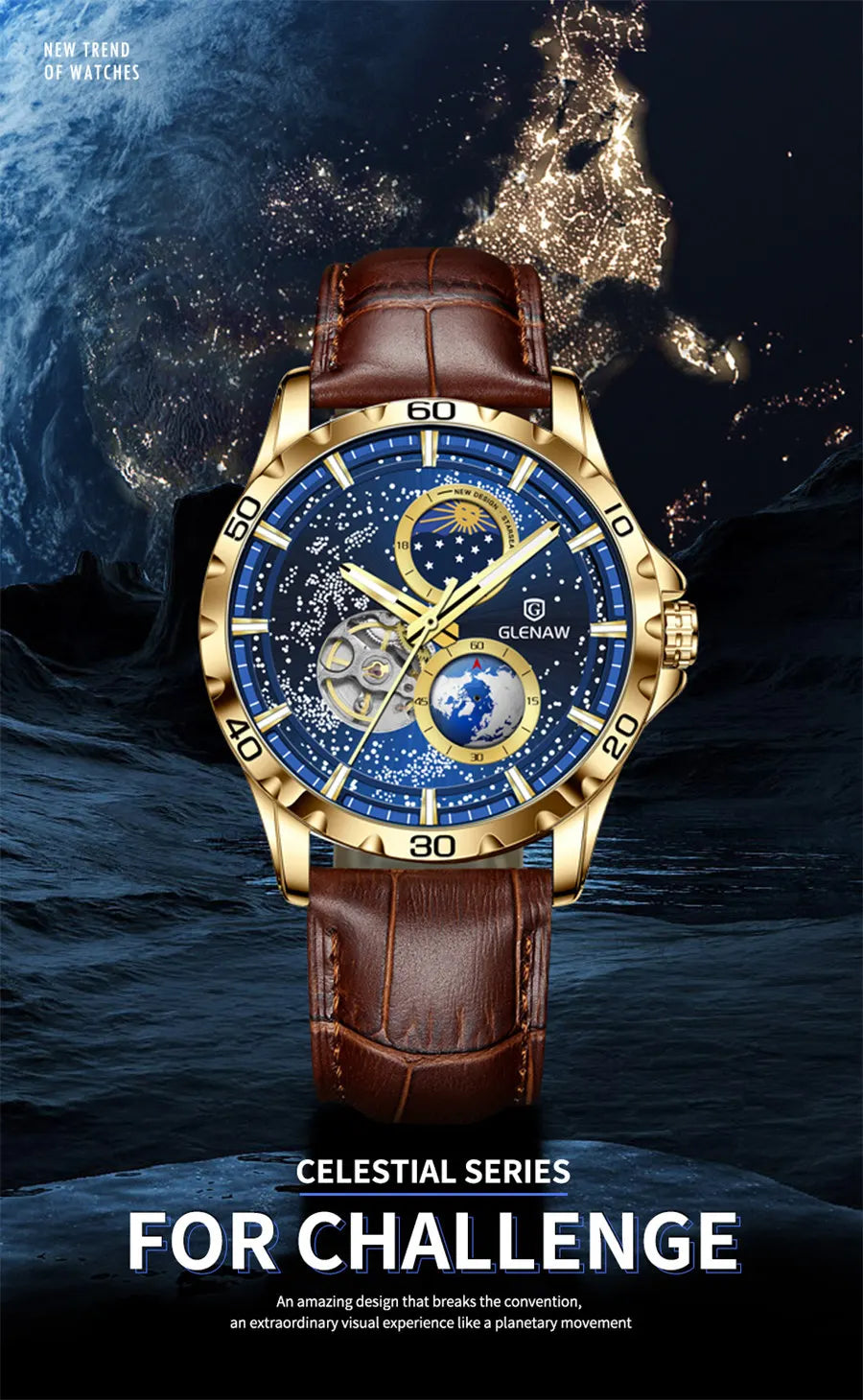 GLENAW Rotating Earth Double Second Hand WristWatch Men Automatic Mechanical Watch Starry Sky Stainless Steel Leather Watchband