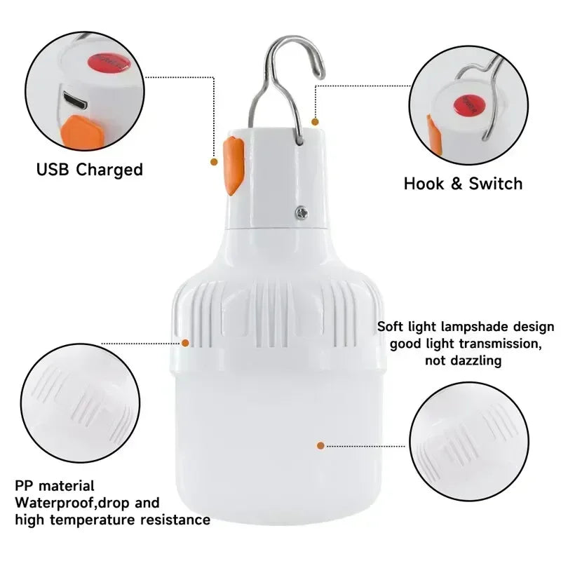 Portable Rechargeable LED Street Camping Light with Hook Dimmable Tent Lantern USB Charging Emergency Multifunctional LED Lamp