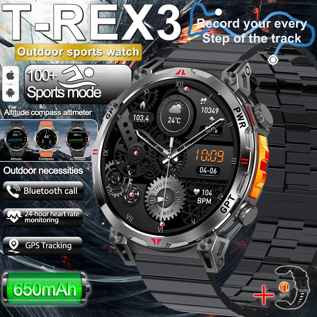 2025 New Military AMOLED HD SmartWatch 650Mah Battery GPS Compass 5ATM Waterproof Tactics 100+ Sport BT call Smart Watch For Men
