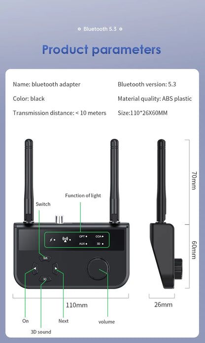 3D Stereo Bluetooth 5.3 Audio Receiver Optical/Coaxial/3.5mm AUX Analog Digital Signal Output Wirelss Adapter For Car Speaker