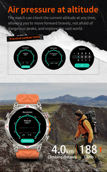 2025 New Military AMOLED HD SmartWatch 650Mah Battery GPS Compass 5ATM Waterproof Tactics 100+ Sport BT call Smart Watch For Men