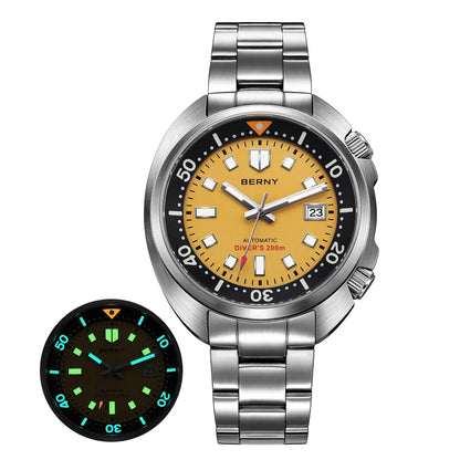 BERNY Automatic Diver Watch for Men Super Luminous Wristwatch Sapphire Sport Mechanical 20ATM 1970 Compressor Diving Men Watches