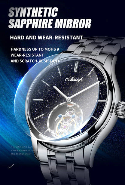 AESOP Mens Luxury Real Flying Tourbillon Mechanical Sapphire Waterproof Watch Skeleton Watches for Men Wristwatches Male 2025 A